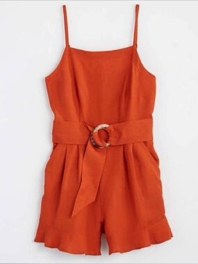 LOFT Orange Sleeveless Belted Linen-Blend Romper